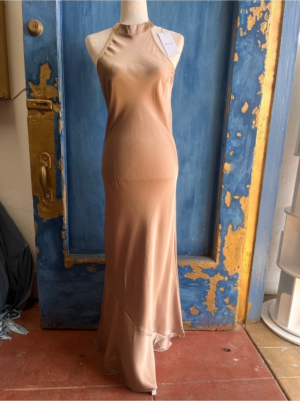 VILA Satin Halter Maxi Dress in Nude Blush
